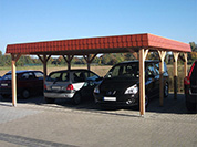 Carport 610x600 cm · Kiefer kdi · Schindelblende 2-reihig rot
