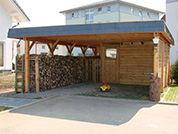 Carport 610x800 cm · Lärche · Schindelblende 2-reihig Echtschiefer · Abstellraum 200 cm · Pfostenstärke 14x14 cm