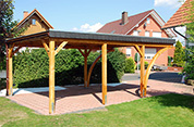 Carport 410x600 cm · Lärche · Schindelblende 1-reihig Echtschiefer · 2 Leimholzbögen