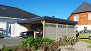 Carport 610x600 cm · Kiefer kdi · Schindelblende 2-reihig schwarz · 1 Leimholzbogen · Seitenelemente bauseits vom Kunden