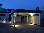 Carport 410x600 cm · Fichte · Schindelblende 2-reihig Echtschiefer · 1 Leimholzbogen ·  vom Kunden gestrichen