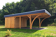 Carport 410x800 cm · Lärche · Schindelblende 2-reihig Echtschiefer · 2 Leimholzbögen · Abstellraum ca. 250 cm