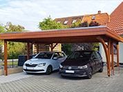Carport 610x510 cm · Lärche · Schindelblende 2-reihig rot · 1 Leimholzbogen