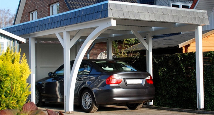 Carport 310 x 700 cm · Lärche · Schindelblende 2-reihig Echtschiefer · 1 Leimholzbogen · Abstellraum 200 cm