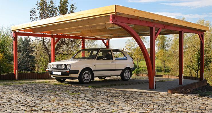 Carport 610 x 600 cm · Fichte · 1 Leimholzbogen vom Kunden rot gestrichen